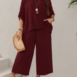Round Neck Shirt And Wide Leg Pants Set