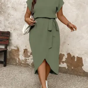 Women Solid Round Neck Batwing Short Sleeve Dress