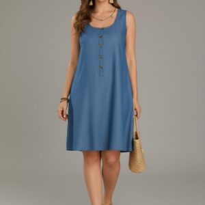 Lovshy Denim A Line Dress With Front Button