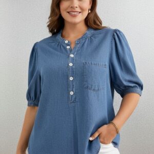Classic Denim Henley Top with Front Pocket