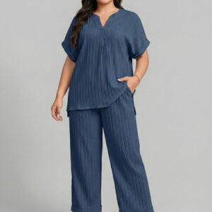 Notched  Blouse and Pants Set of 2 bu