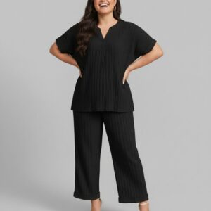 Notched  Blouse and Pants Set of 2 bl