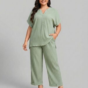 Notched  Blouse and Pants Set of 2 lg