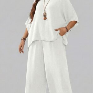 Round Neck Shirt And Wide Leg Pants Set ow