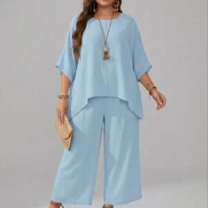 Round Neck Shirt And Wide Leg Pants Set sk