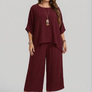 Round Neck Shirt And Wide Leg Pants Set mr
