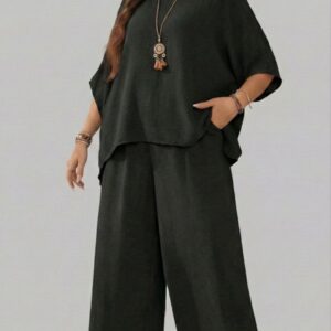 Round Neck Shirt And Wide Leg Pants Set bl